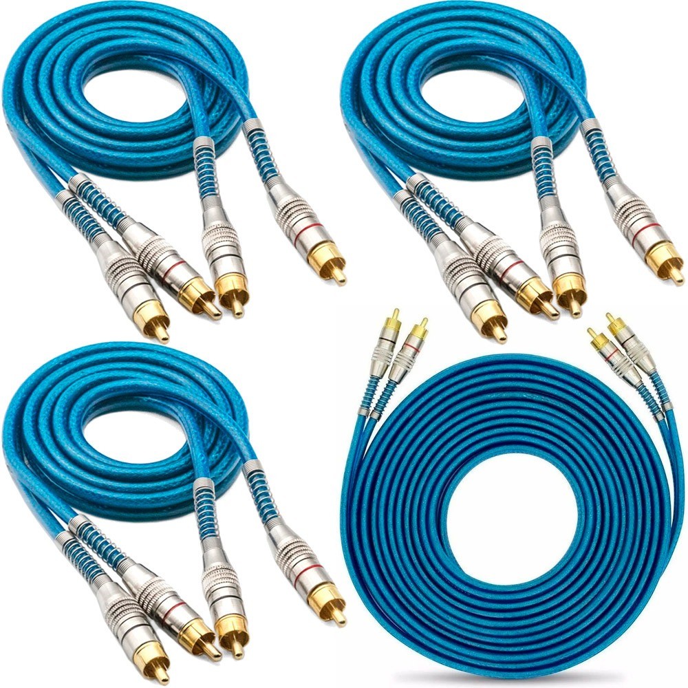 3 Cabos Rca 1 Metro + Cabo Rca 5 Metro Azul