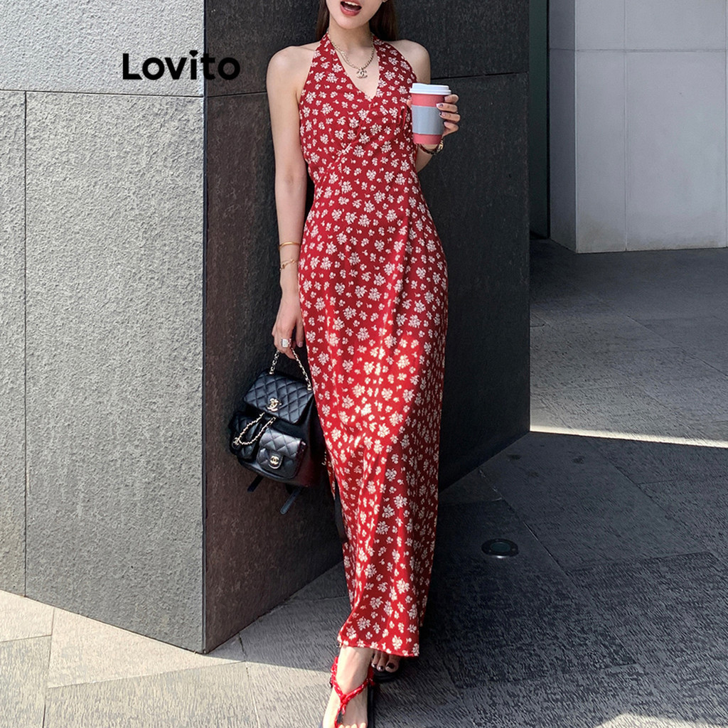 (Boho) Lovito Vestido Romântico Ditsy Floral Flowers Vestido Plissado Com Amarração Nas Costas Para Mulheres L106AD891