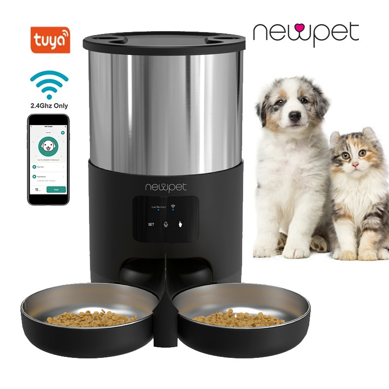 5L Alimentador Pet Automático Inteligente Double Bowls WIFI APP Controle Remoto Para O Cão Gato Comida Dispenser Timing Gravação De Voz Tigela De Aço Inoxidável
