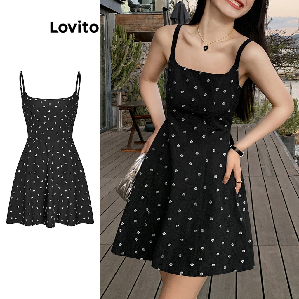 (Casual) Lovito Vestido Ditsy Floral Plissado Com Amarração Nas Costas Para Mulheres L68ED147 (Multicolorido)