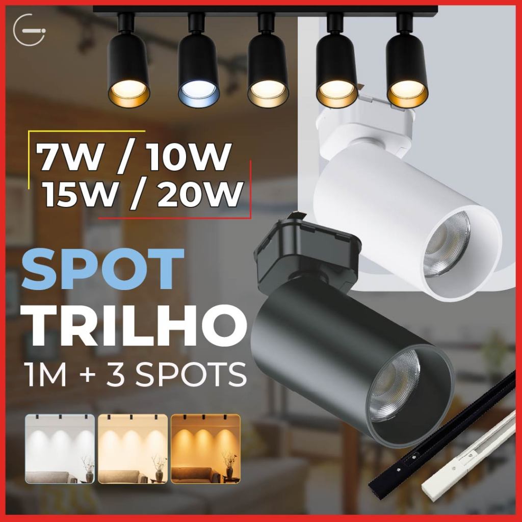 1M Trilho + 3 Spot LED 20W 15W 10W 7W Eletrificado + Trilho Tubinho Preto e Branco Luz Fria, Neutra e Quente Bivolt