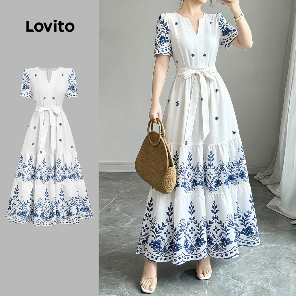 (New Arrival) Lovito Vestido Boho com Cinto Camadas Zíper Vestido de Primavera/verão para Mulheres LBL36050