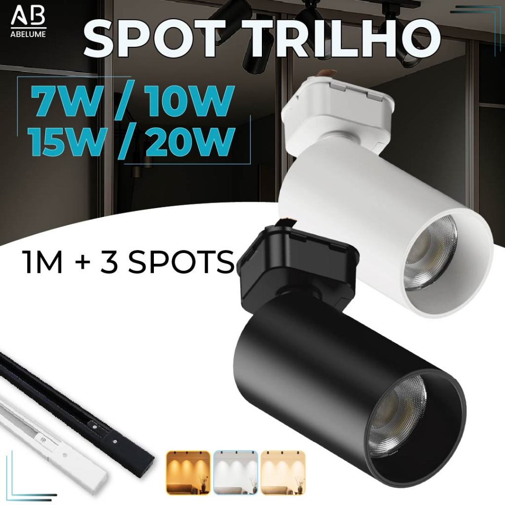 1M Trilho + 3 Spot LED 20W 15W 10W 7W Eletrificado + Trilho Tubinho Preto e Branco Luz Fria, Neutra e Quente Bivolt