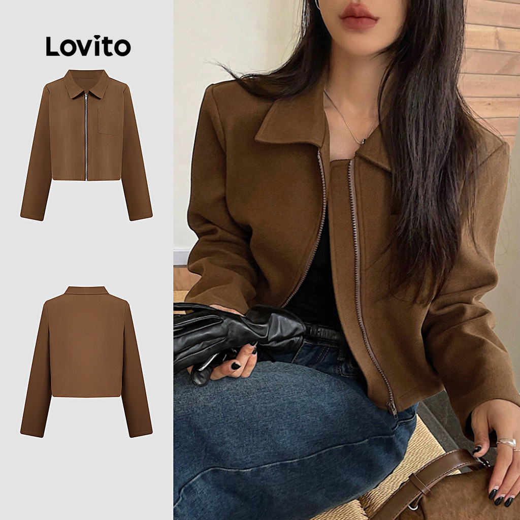 (Casual) Lovito Jaqueta com Zíper Primavera/verão Marrom para mulheres L154ED065