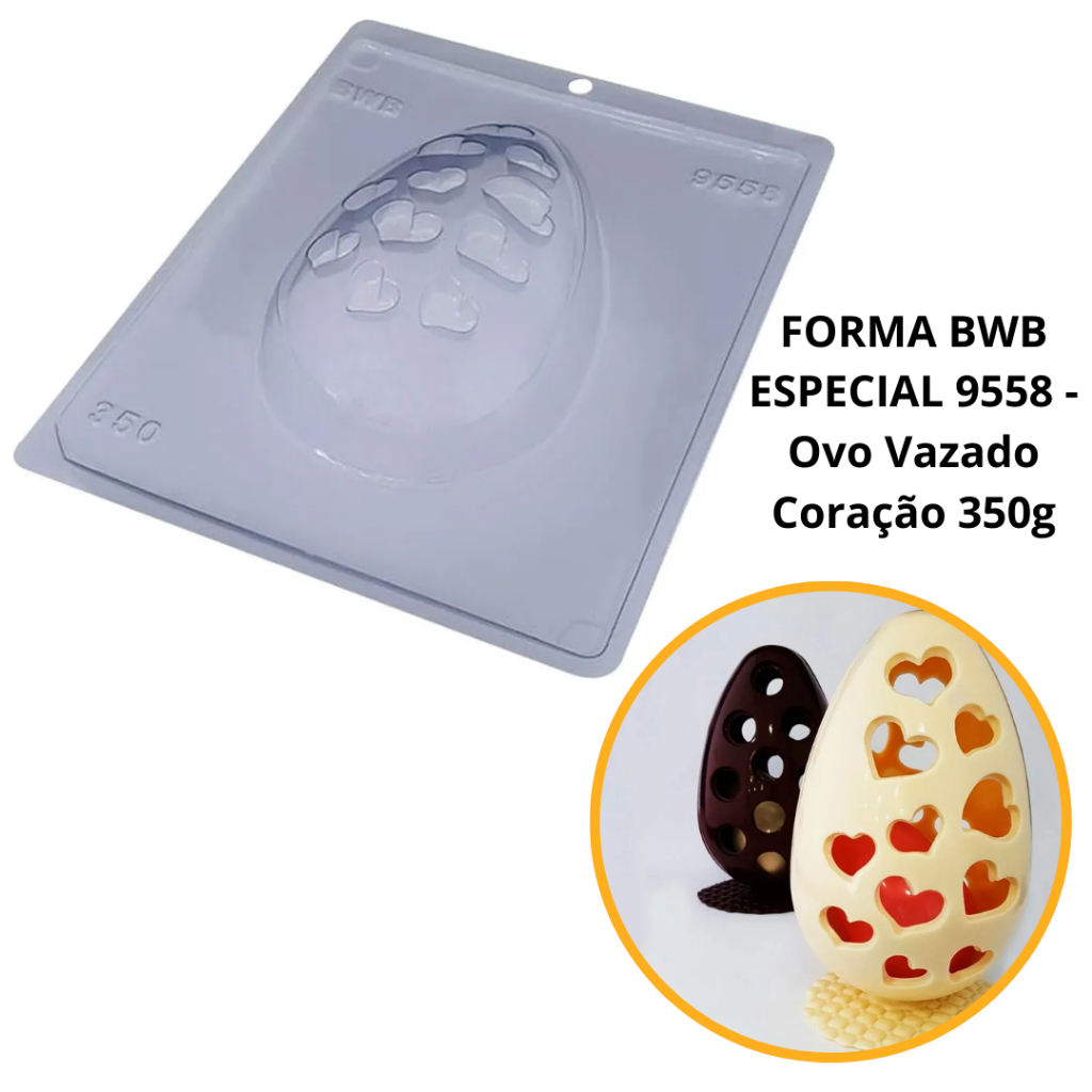 1~4 Forma BWB Com Silicone (3 partes) Para Chocolate Cód. 9558 - Ovo Vazado Coração 350g. Páscoa (CHOCO)