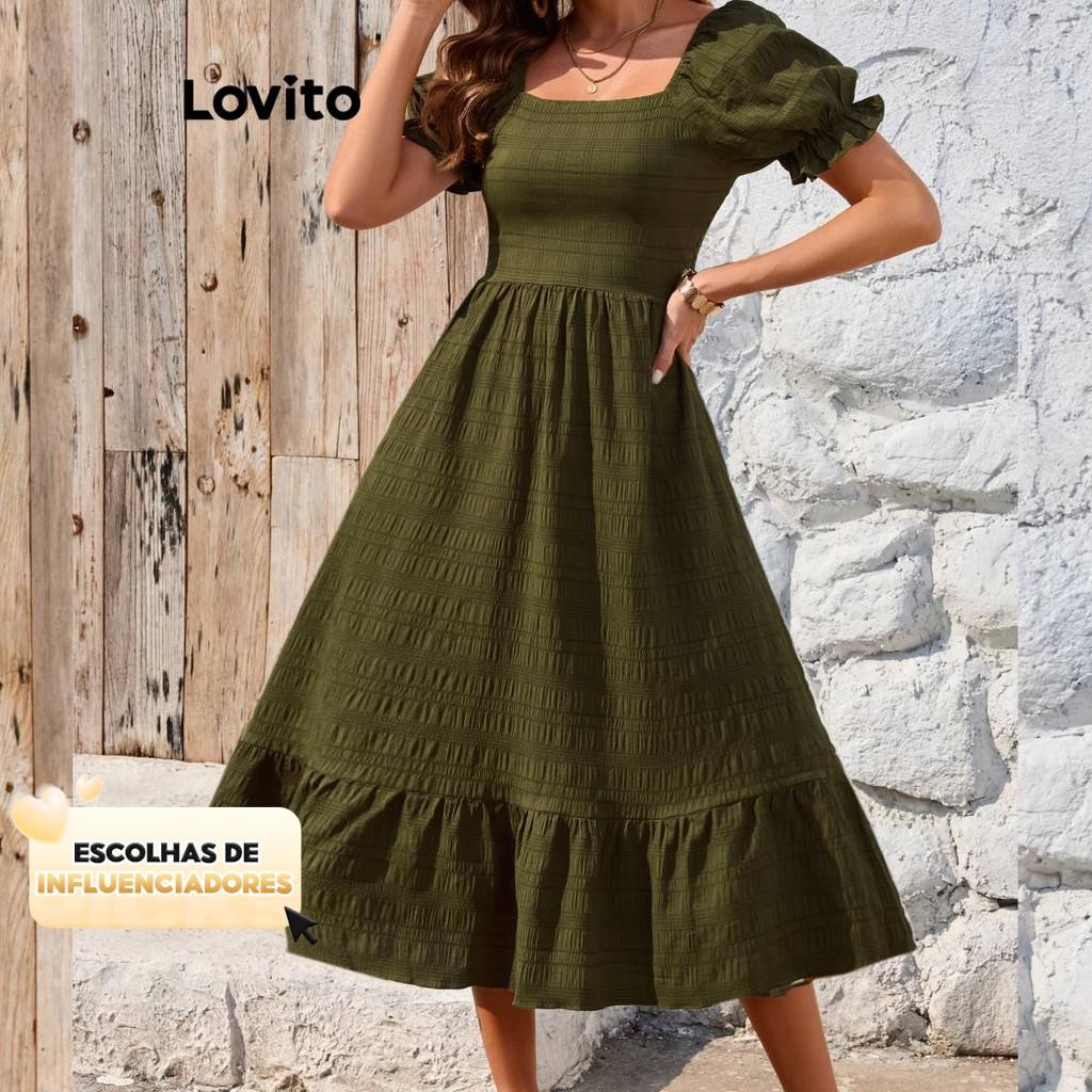 (KOL‘s pick) Lovito Casual Vestido liso com bainha em camadas e mangas bufantes para mulheres LBL19072