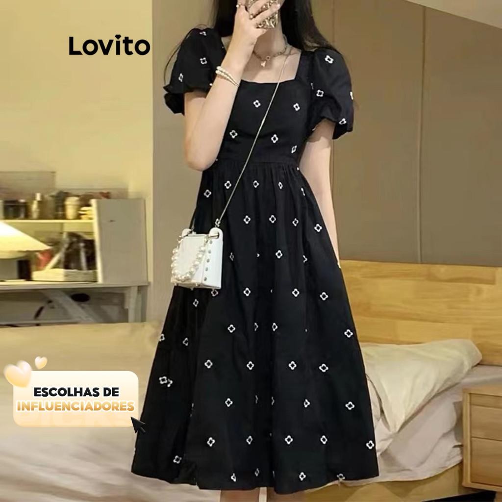 (KOL‘s pick) Lovito Elegante Vestido com Mangas Bufantes Florais e Decote Quadrado Feminino LNE05105 (Multicolorido)