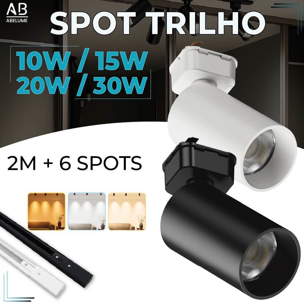 2M Trilho + 6 Spot LED 30W 20W 15W 10W Eletrificado + Trilho Tubinho Preto e Branco Bivolt
