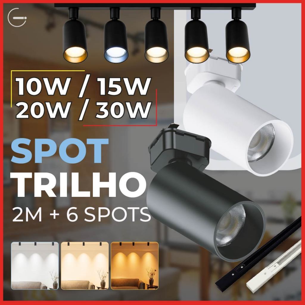 2M Trilho + 6 Spot LED 30W 20W 15W 10W Eletrificado + Trilho Tubinho Preto e Branco Bivolt