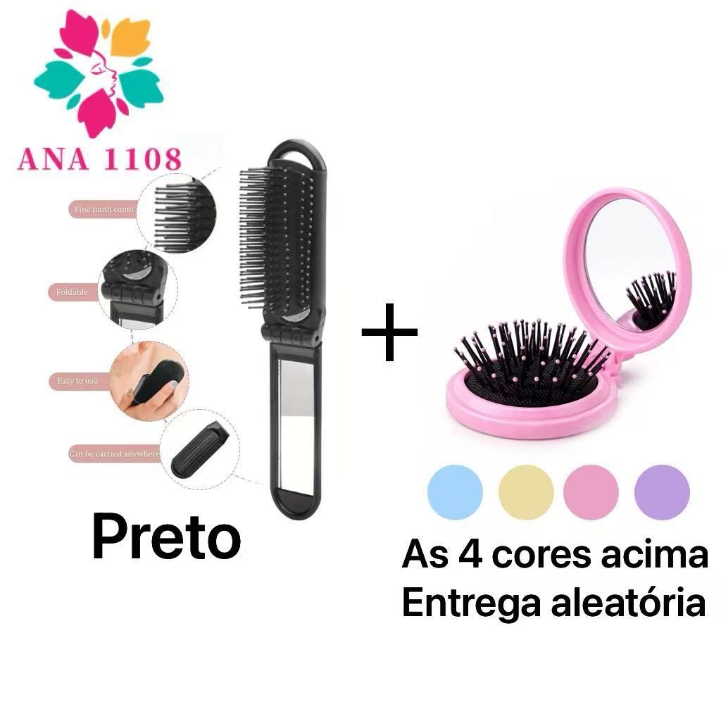 ANA1108 Mini Escova+Escova com Espelho e Cabelo Dobravel e Bolsa Macia Profissional Espelho Portátil