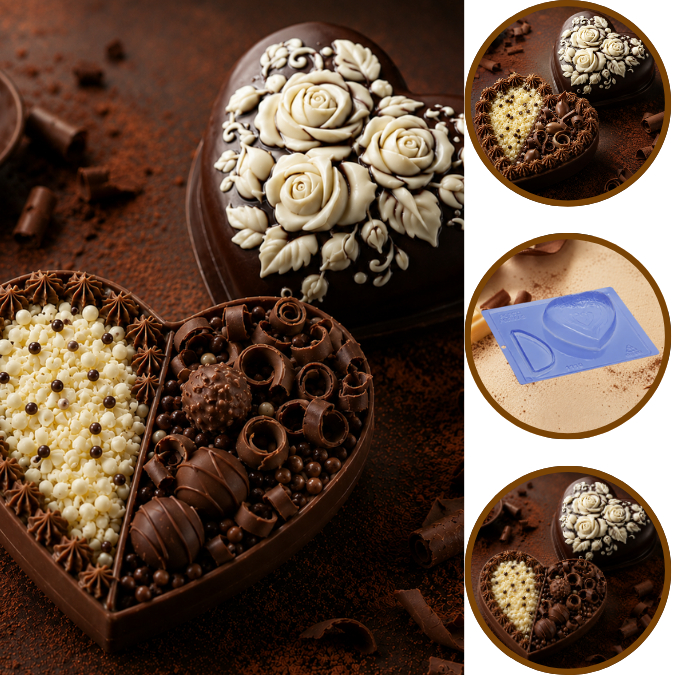 1~5 Forma Porto Com Silicone (3 partes) Para Chocolate CORAÇÃO FLORES 2 RECHEIOS – CÓD 1100 (CHOCO)