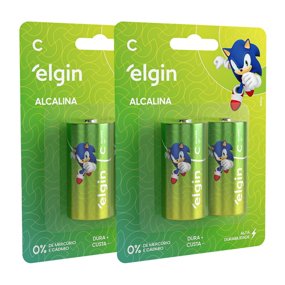 4 Pilhas Baterias  Alcalina C LR14 Médio 2 Cartelas Elgin