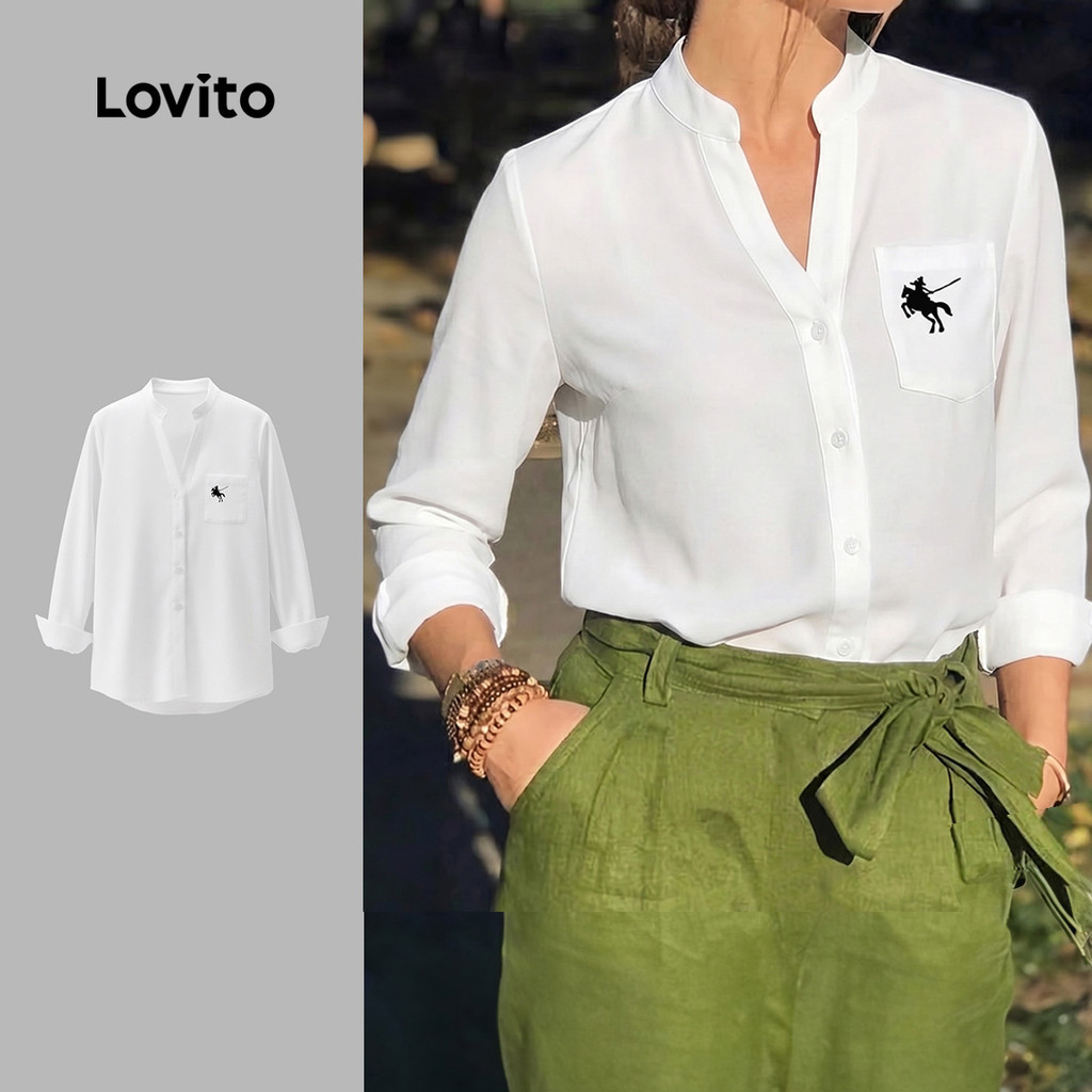 (Lovito x Ana) Padrão de Blusa Casual Botão Frontal Primavera/verão Blusa Branca para Mulheres LK5LD032