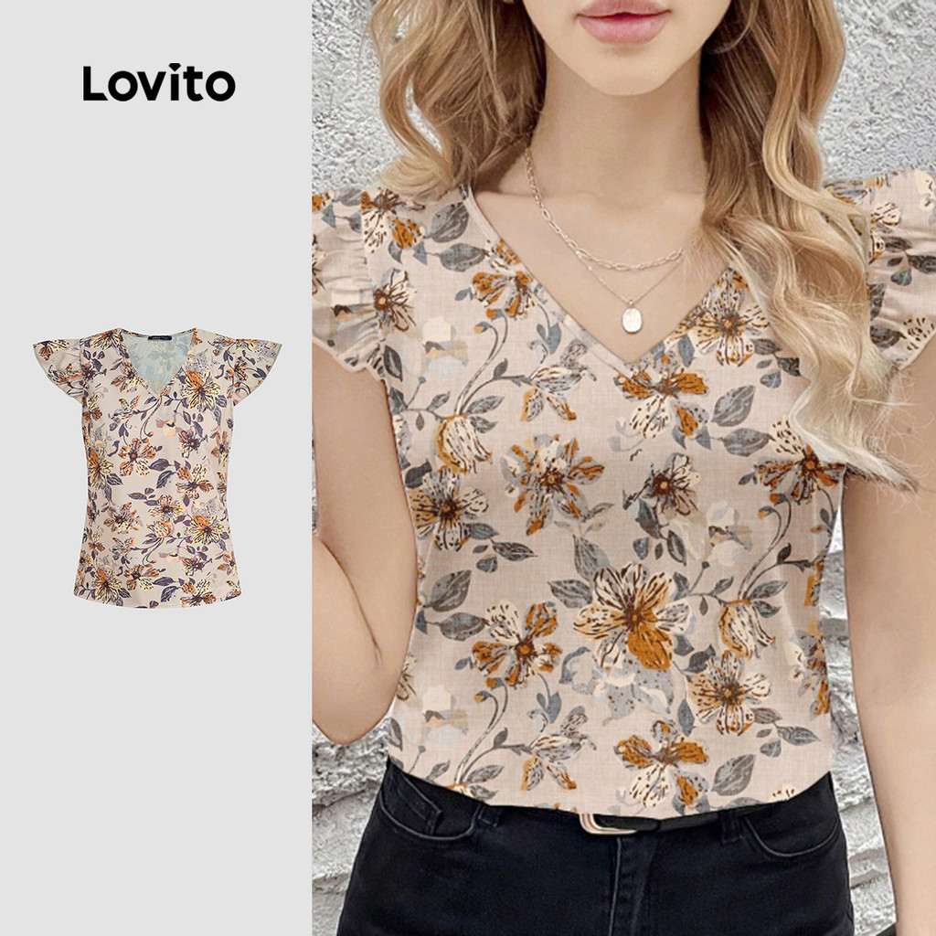 (Boho) Lovito Blusa de Babado com Flores Primavera/verão para Mulheres L155ED739