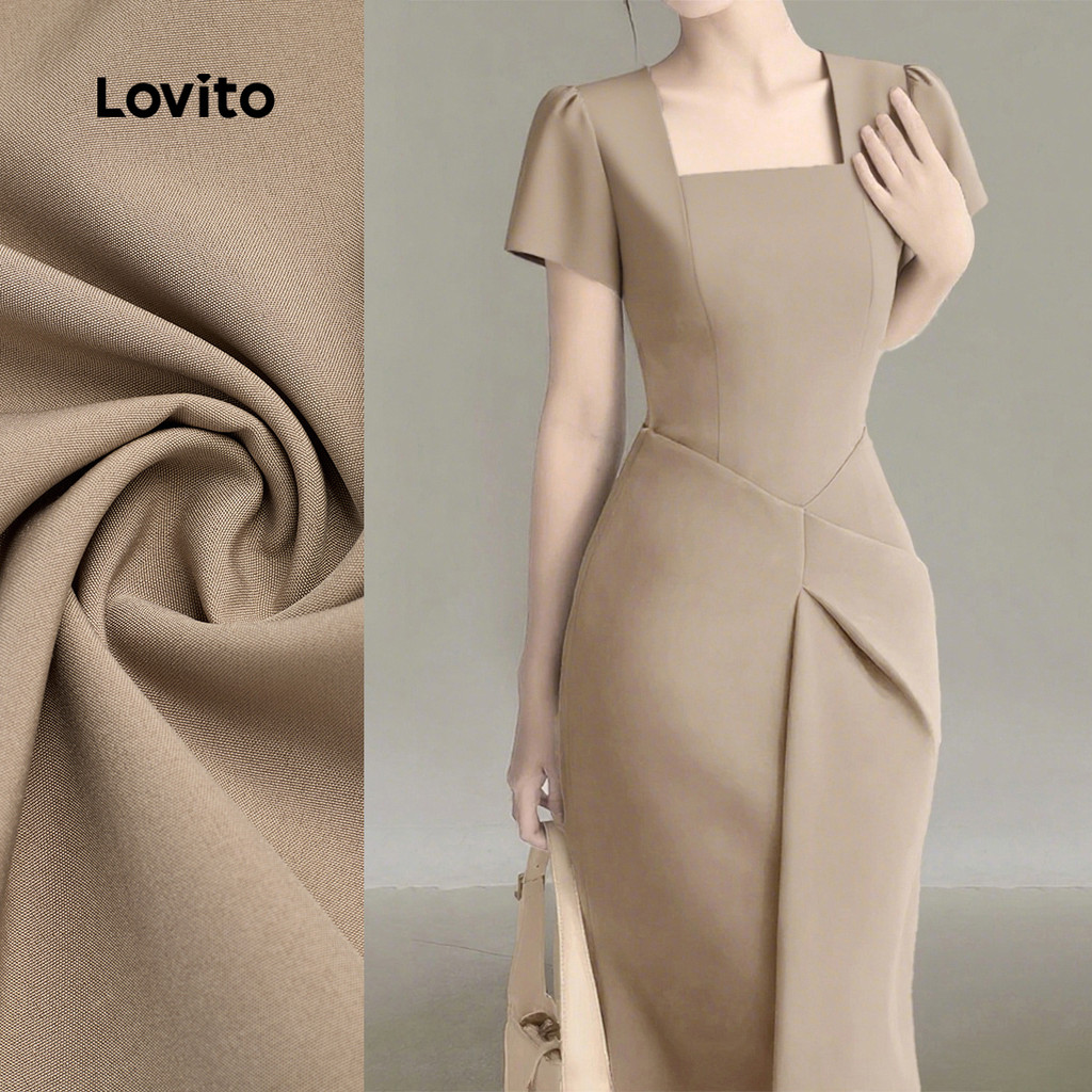 (Elegante) Lovito Vestido Estruturado com Pregas em Caqui para Mulheres L155AD2034