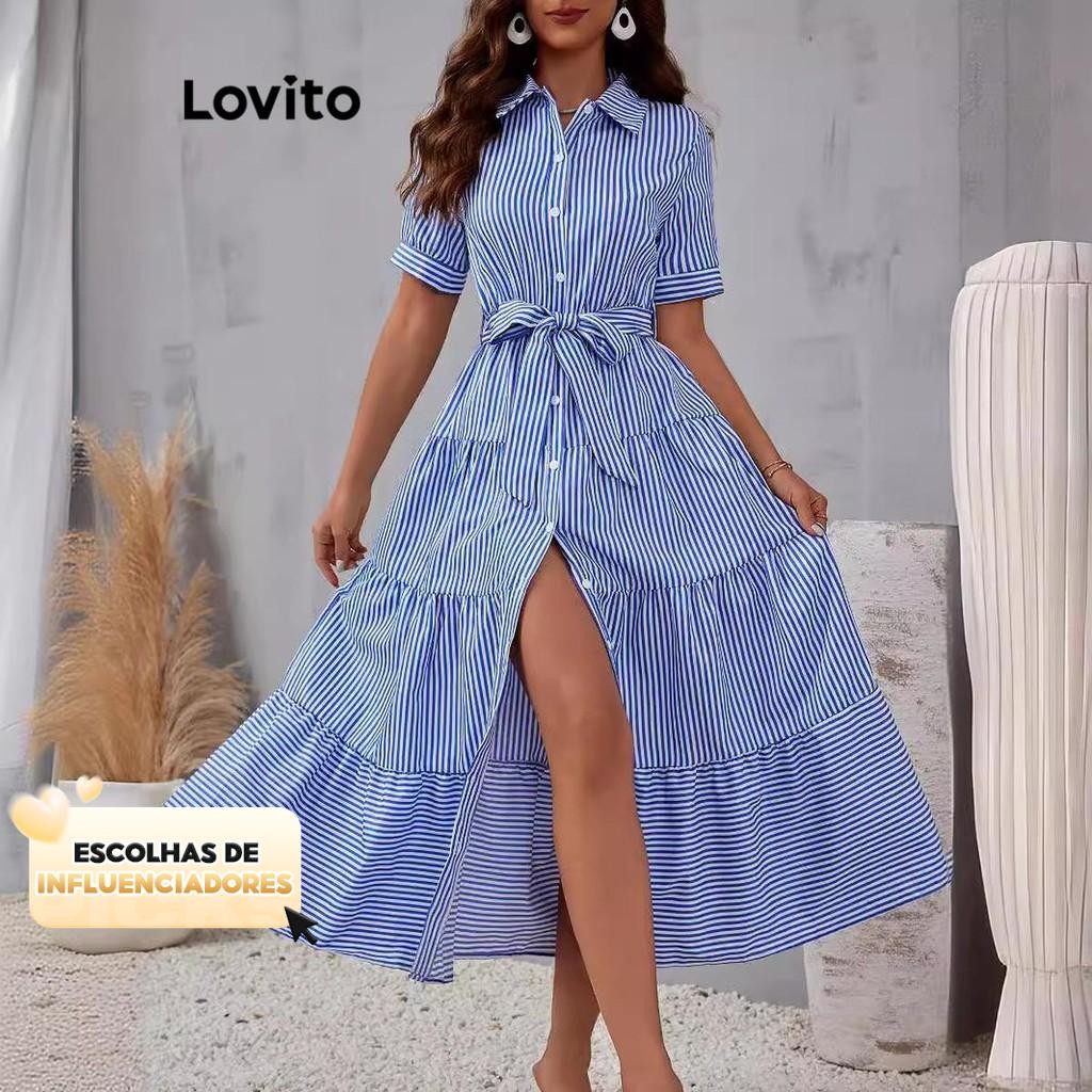(KOL‘s pick) Lovito Casual Vestido Listrado Com Botão Frontal E Cinto Para Mulheres LNL79306