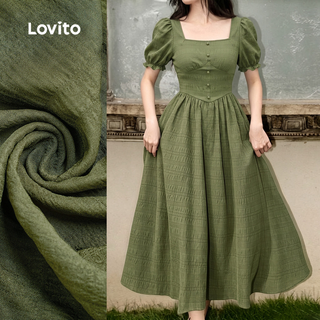 (New Arrival) Lovito Vestido Casual de Botão Jacquard Verde para Mulheres primavera/verão LK7LD194