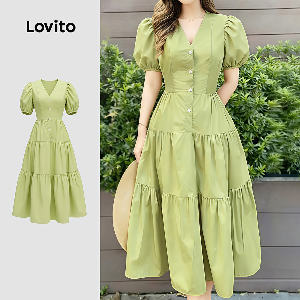(Elegante) Lovito Vestido Linha Estrutura Lazer Simples Primavera/verão Verde para Mulheres LK4ED1552
