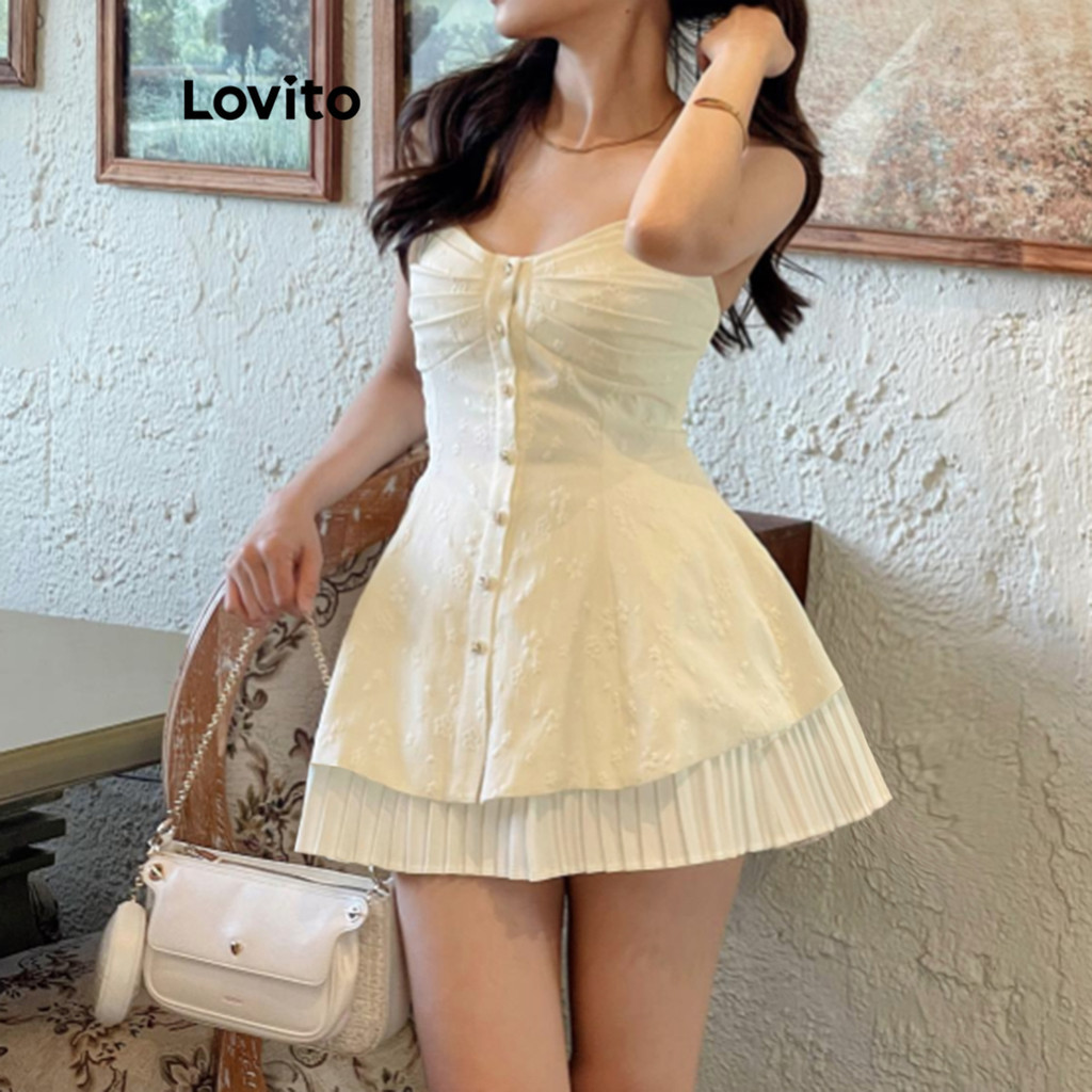 (Casual) Lovito Vestido Verão Plissado Jacquard Botão Vestido Para Mulheres L86ED347