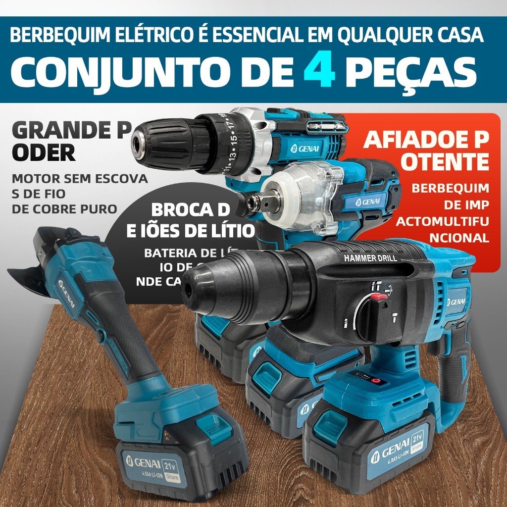 21V/68V Kit de ferramentas 4 em 1 Furadeira, Chave de fenda/Chave de impacto/Amolador/Martelo 2 baterias