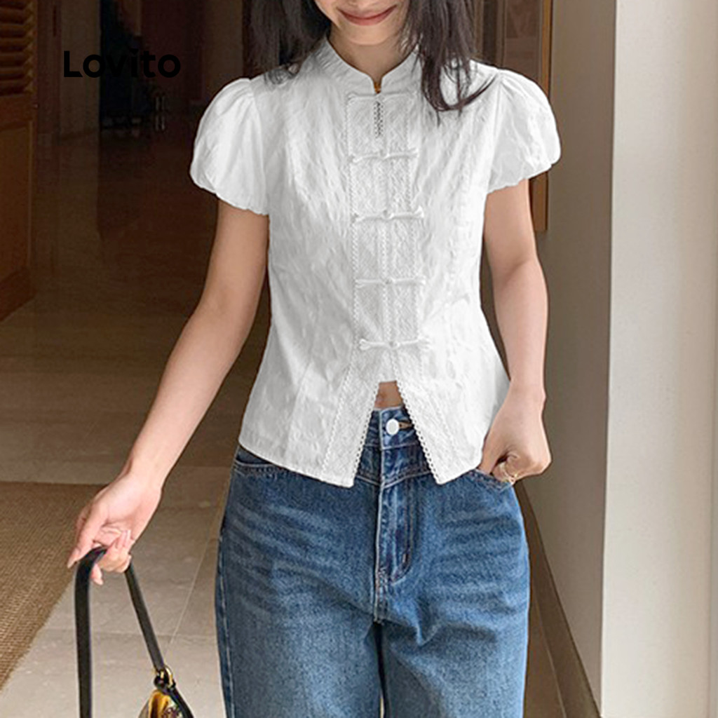 (Casual) Lovito Blusa Botão Blusa Verão/Primavera Para Mulheres L125AD369