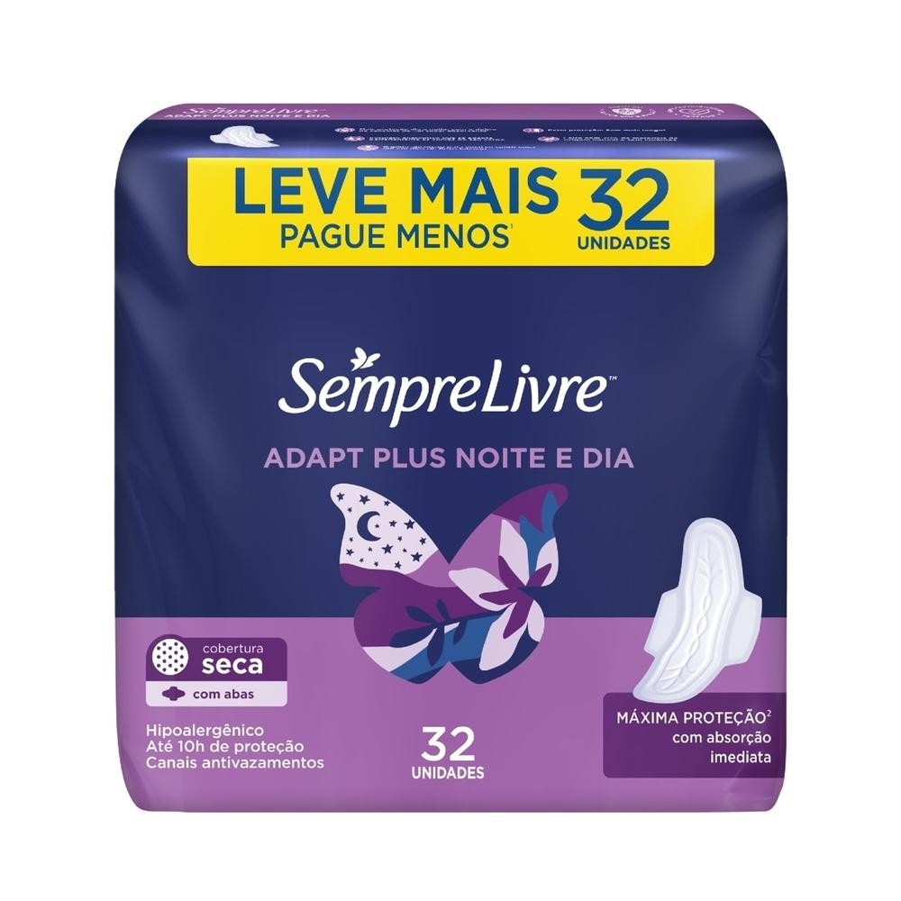 Absorvente Sempre Livre Adapt Plus Noite e Dia Cobertura Seca com Abas 32 Unidades