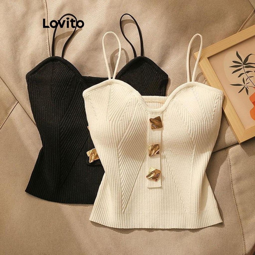 (Trendy) Lovito Regata Casual Com Botão Liso De Metal Redondo Para Mulheres LNL38050 (Branco/Preto)