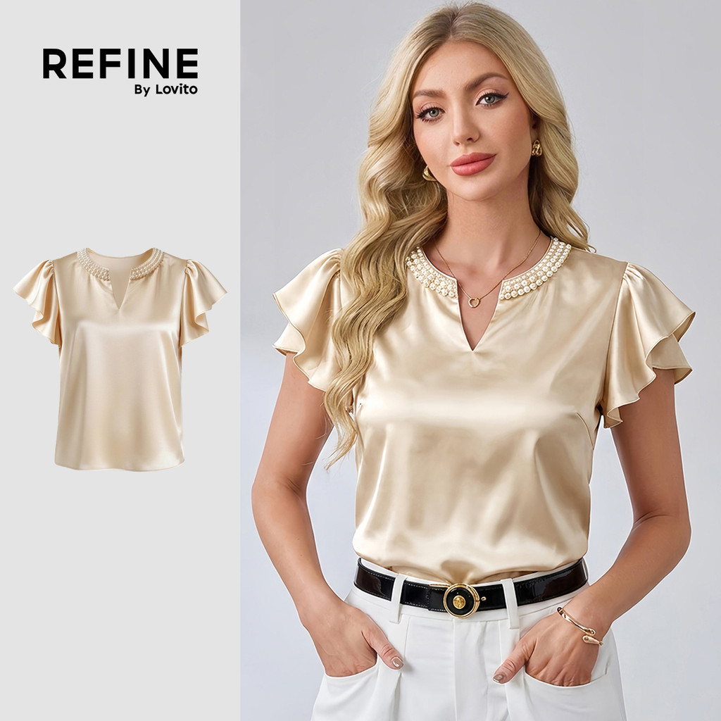 (New Arrival) (Refine by Lovito) Blusa Elegante com Pérolas e Babados Primavera/verão Champagne LR41L041