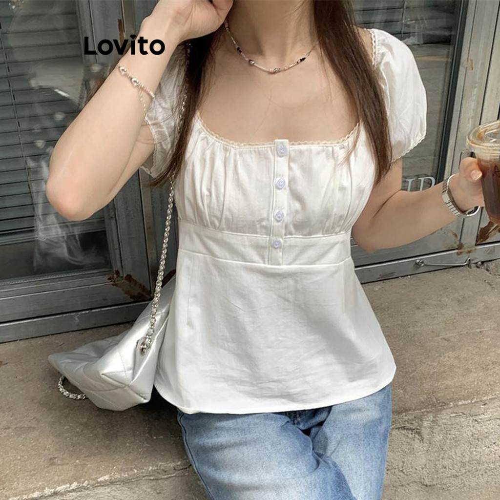 (Trendy) Lovito Blusa Casual Verão Botão Frente Renda Blusa Plissada Para Mulheres LNE38334 (Branco)
