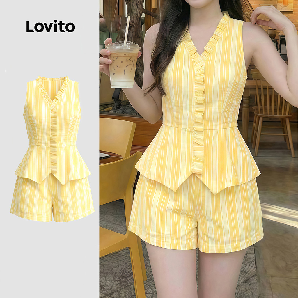 (Lovito x Ana) Elegante Top Amarelo Listra Transparente Primavera/Verão Lazer para Mulheres LK4ED1035