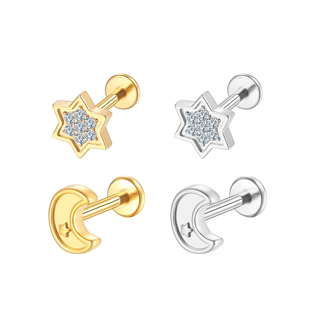 2PCS Kit Piercing Helix Tragus Conch Labret Aço Cirúrgico Pvd Estrela Zircônia Cravejada