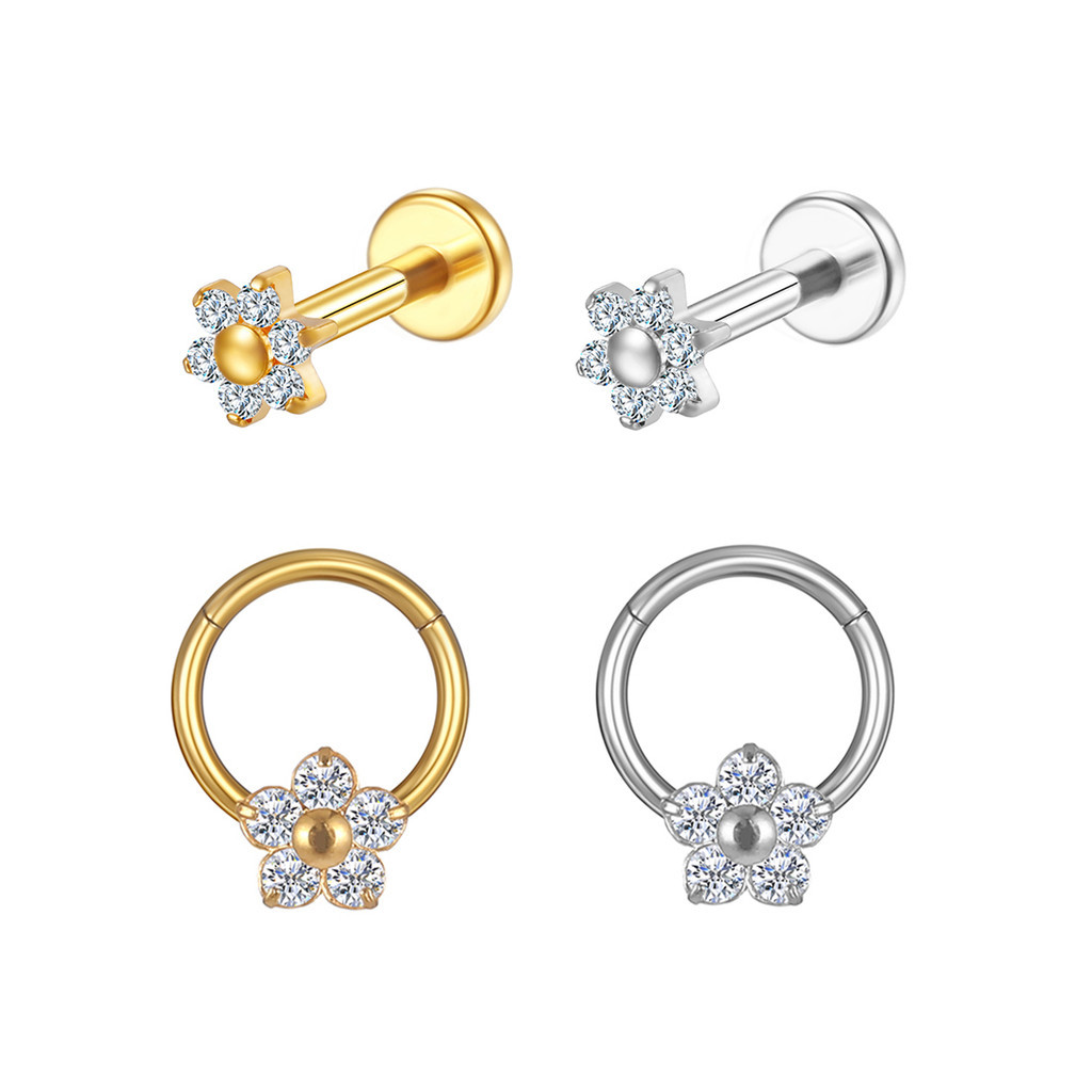 2PCS Kit Piercing Labret Aço Cirúrgico Flor Zircônias Ponto De Luz Helix Tragus