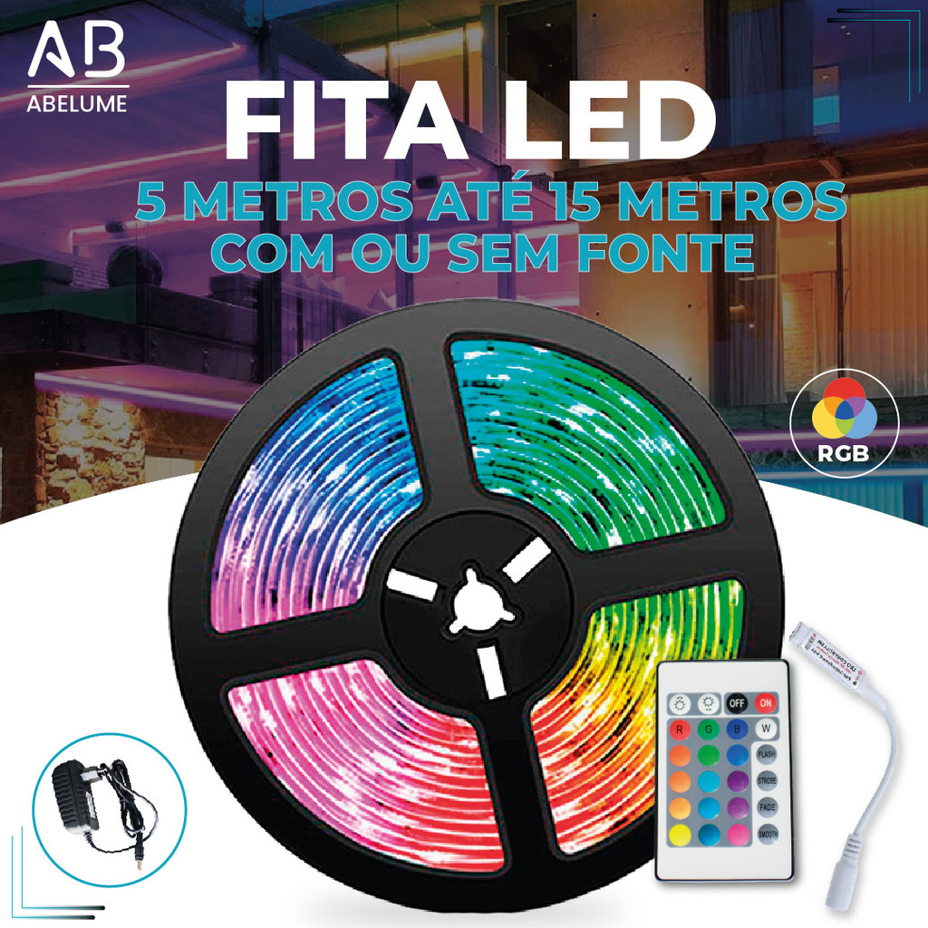 15M Fita LED 3528 SUPER LED ULTRA RGB 12V 300 LEDS | 16 CORES IP20 Com ou Sem Fonte
