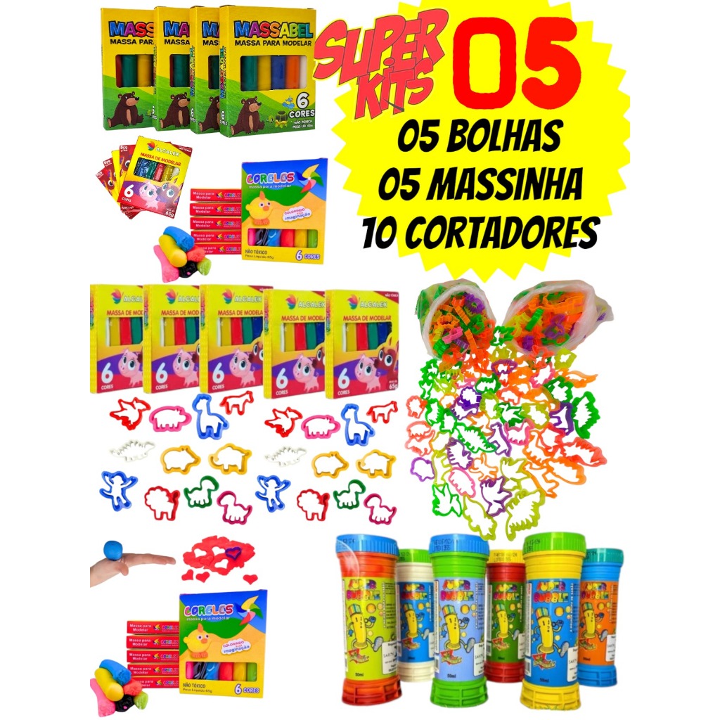 5 Caixas Massinha de Modelar + 5 Bolha de Sabao +  10 Molde Cortador Lembrancinha Aniversario Prenda