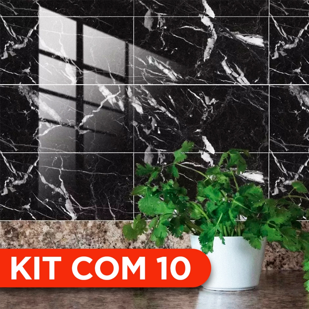 10 Placas Adesivas Parede Painel Mármore Preto Vinílico Premium Autocolante 3d Lavavel 30x60cm