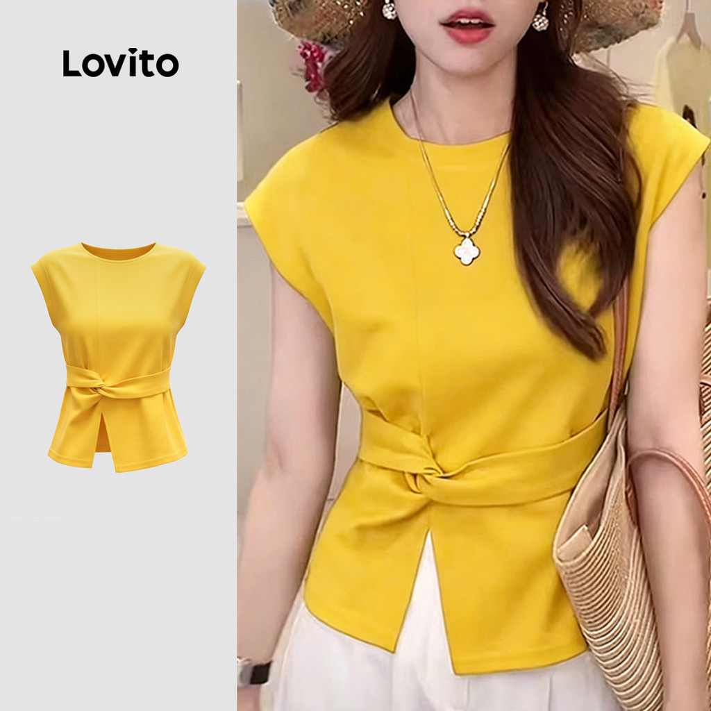 (Elegante) Lovito Blusa Nó Primavera/verão Blusa Amarela para Mulheres LK3ED1110