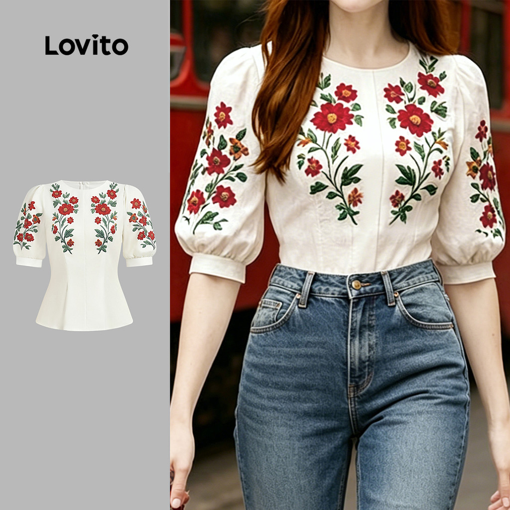 (New Arrival) Lovito Elegante Blusa Estruturada com Flores Primavera/verão Blusa Branca para Mulheres L195AD237