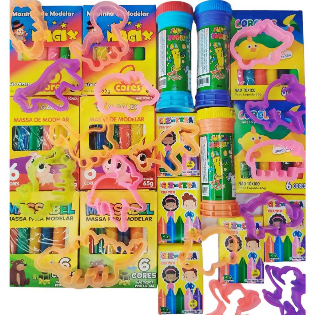 20 Caixinha Massinha Modelar + 20 Bolha Sabão+10 Mini Giz +30 Cortador Kit Festa Lembrancinha Prenda