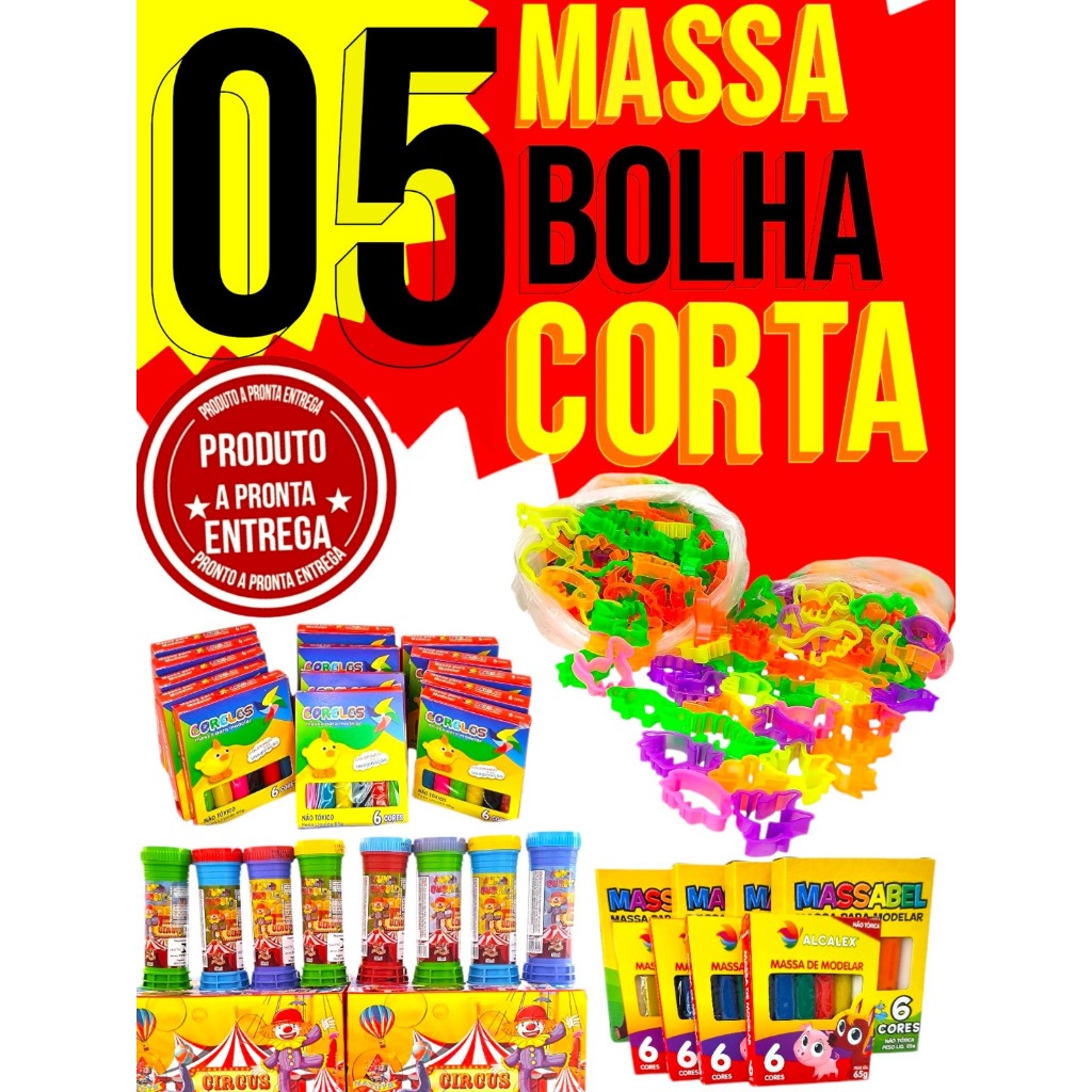 5 Cx Massinha de Modelar + 5 Bolha de Sabao + 5 Cortador P/Kit Festa Lembrancinha Aniversario Prenda