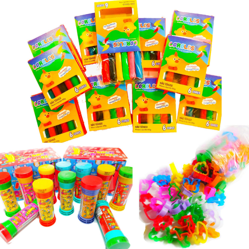 20 Cx Massinha de Modelar + 20 Bolha de Sabao + 20 Cortador Kit Festa Aniversario Prenda Lembracinha