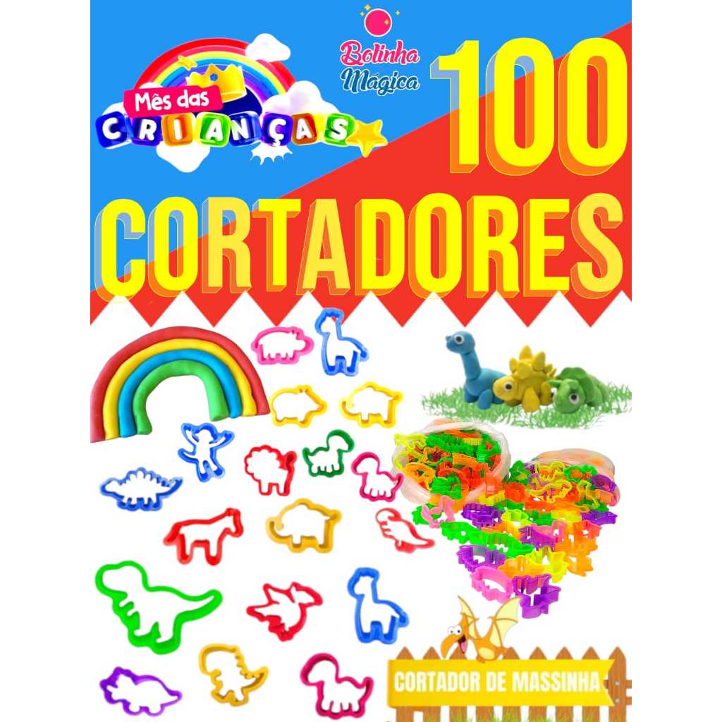 100 Cortadores de Massinha Forminha Neon Dinossauro Safari Lembrancinha Infantil Aniversario Prenda