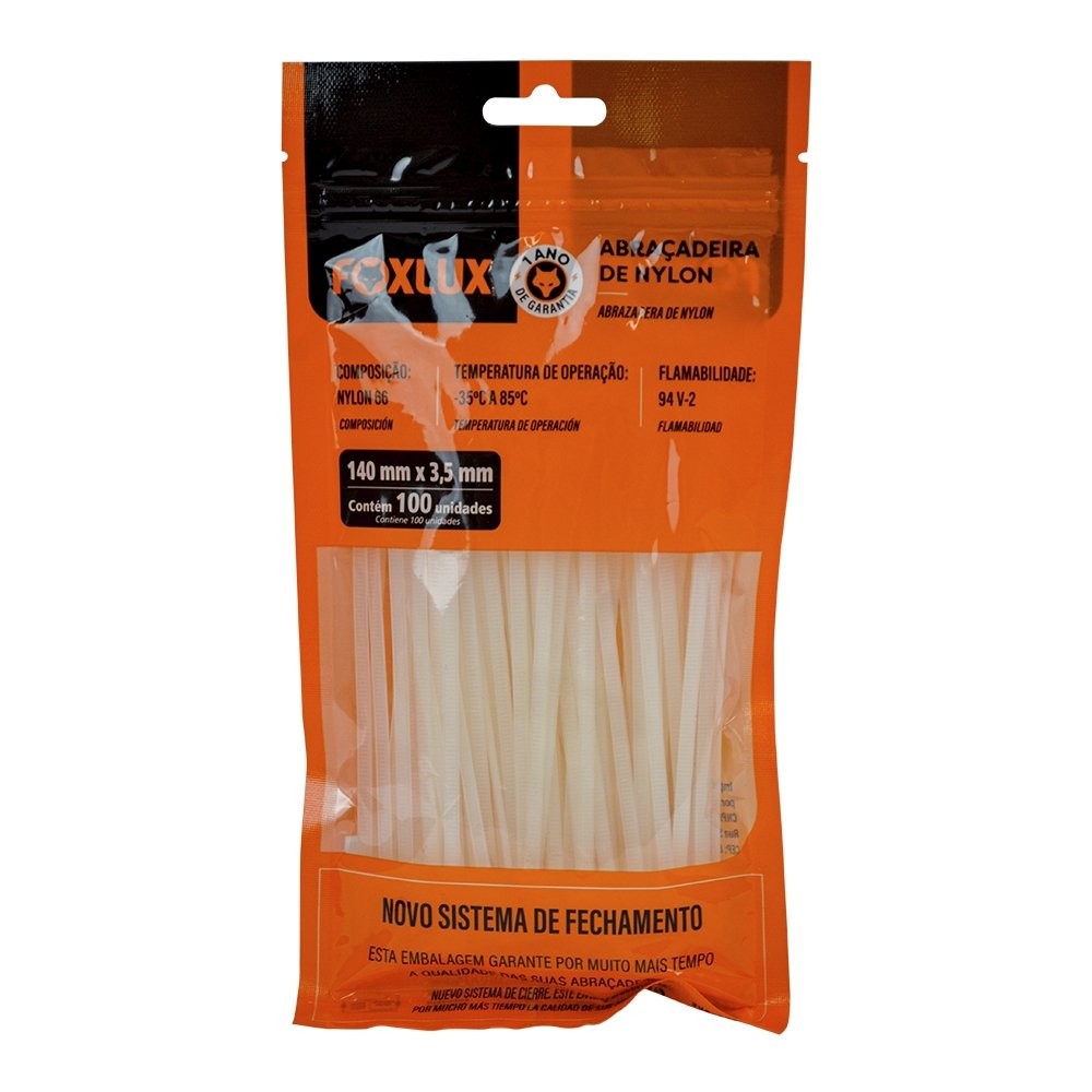 Abraçadeira Nylon Foxlux 140mm x 3,5mm Branco - Embalagem com 100 Unidades