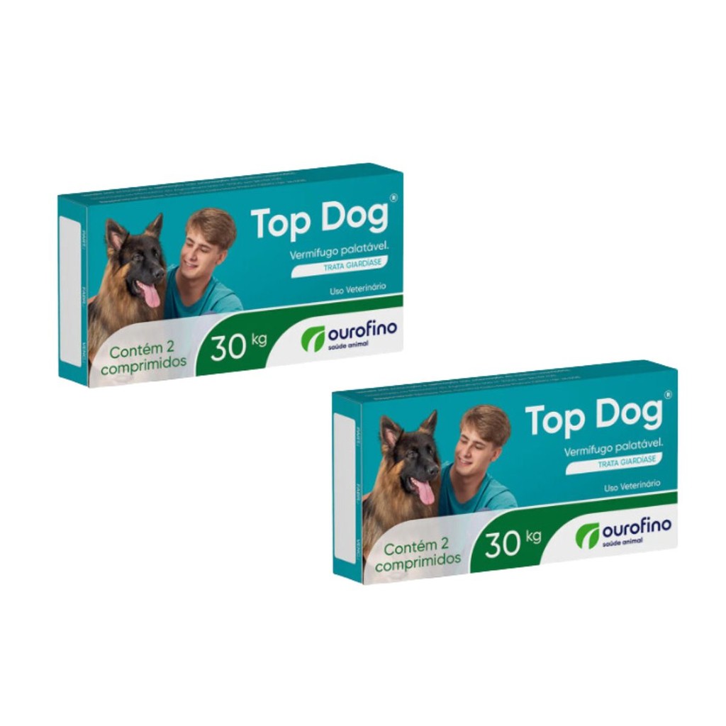 02 Vermífugo Para Cães Top Dog 30kg 2 Comprimidos Giárdia