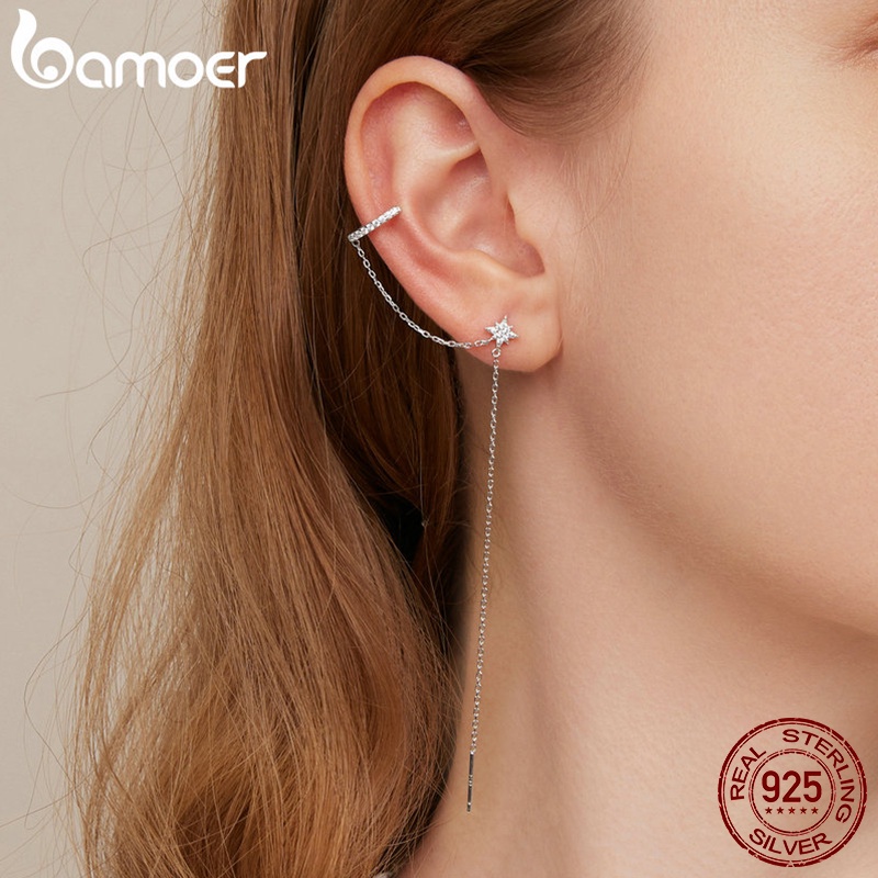 (1 Peça) Brincos Bamoer 925 Prata Simples Estrela Orelha Tassel Fashion Jewelry For Women Girls Gift