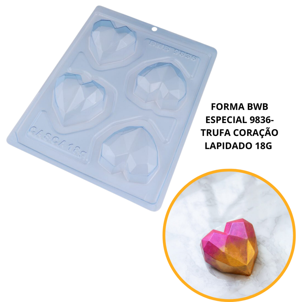 1~4 Forma BWB Com Silicone(3partes)Para Chocolate Cód.9836-Trufa Coração Lapidado 65g. Para Bombons. (CHOCO)