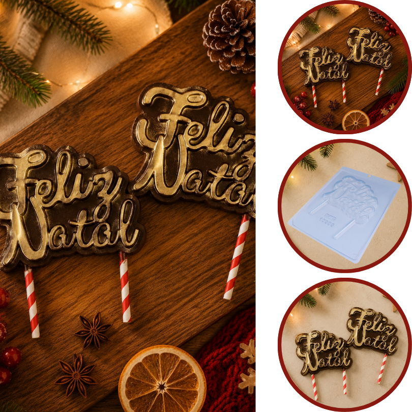 1~10 Forma bwb TOPO DE BOLO FELIZ NATAL 135g simples de acetato para chocolate Cód. 10385 (CHOCO)