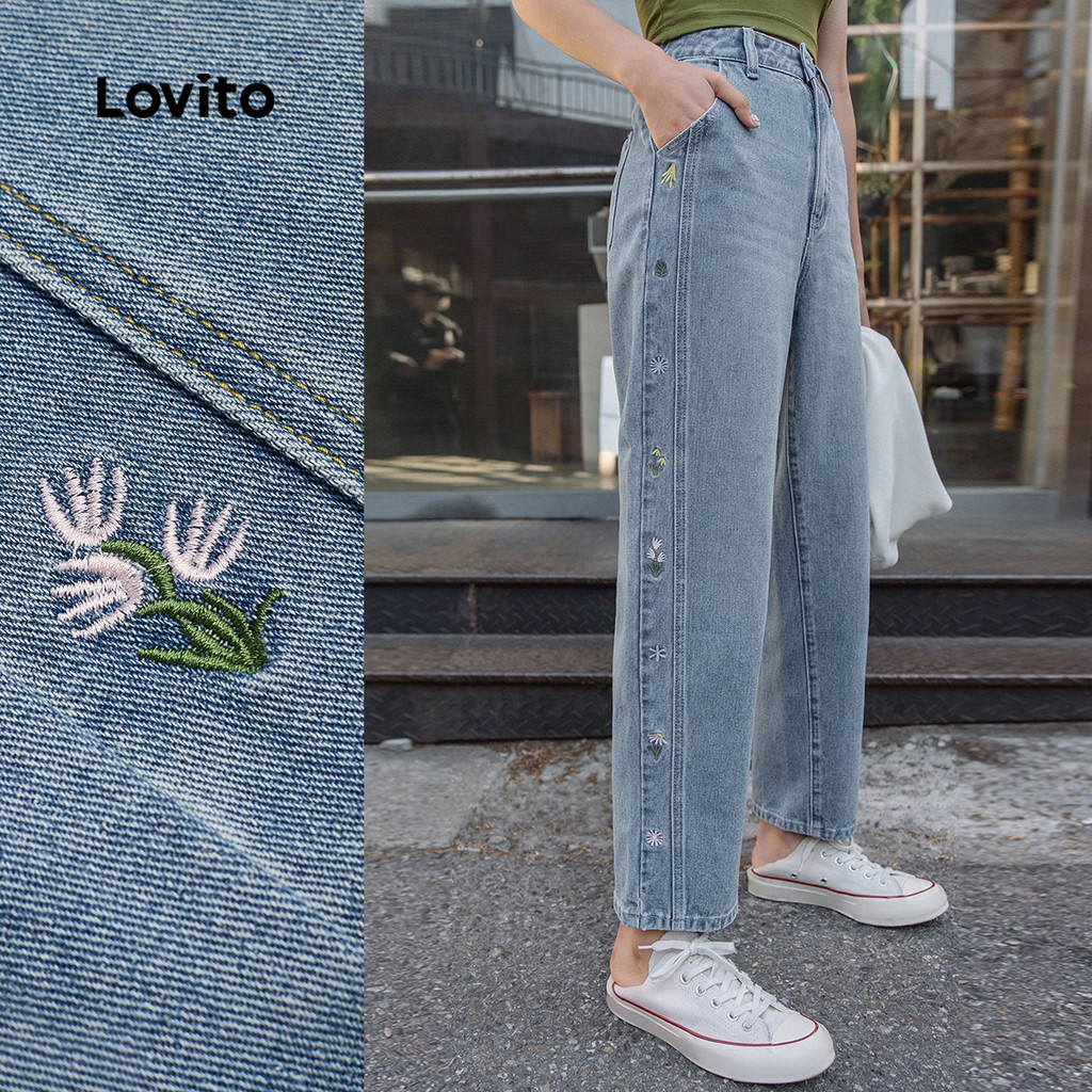 (NEW) Lovito Jeans Casuais com Padrão Bolso Jeans Azul para Lazer para Mulheres L177ADD387