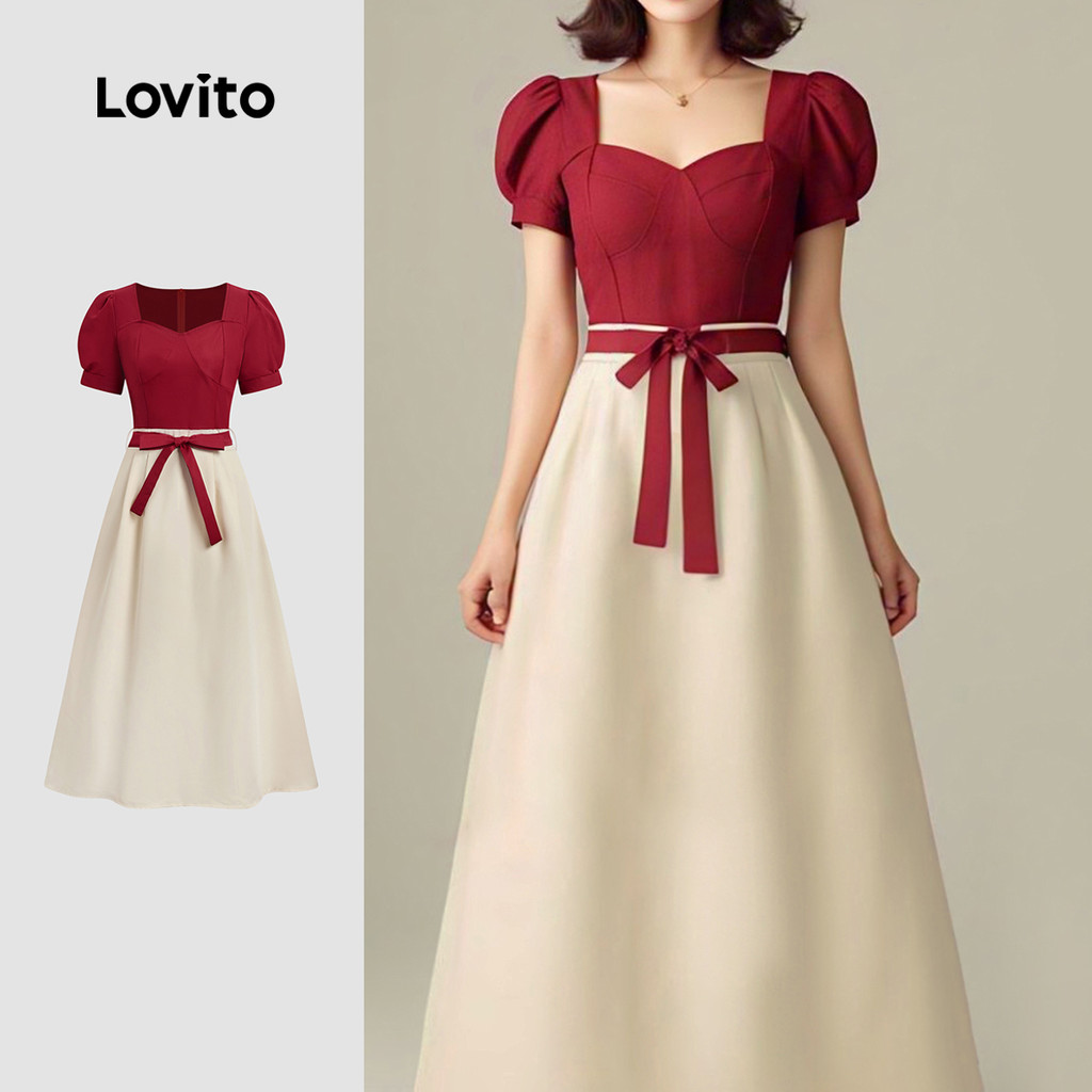 (Elegante) Lovito Vestido de Festa Colorido com Cinto para Primavera/verão Claret para Mulheres L155ED046