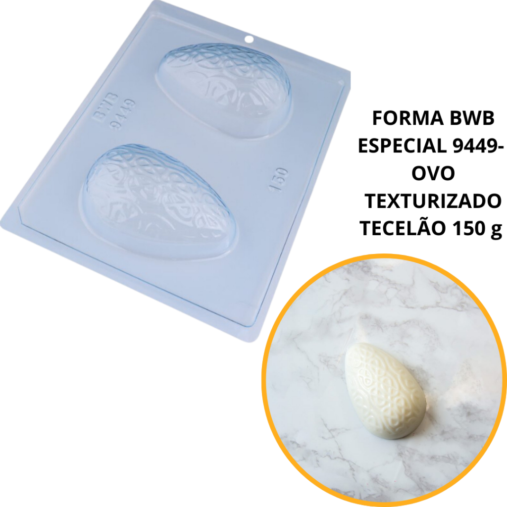 1~4 Forma BWB Com Silicone (3 partes) Para Chocolate Cód. 9449 - Ovo Texturizado Tecelão 150g. Páscoa (CHOCO)