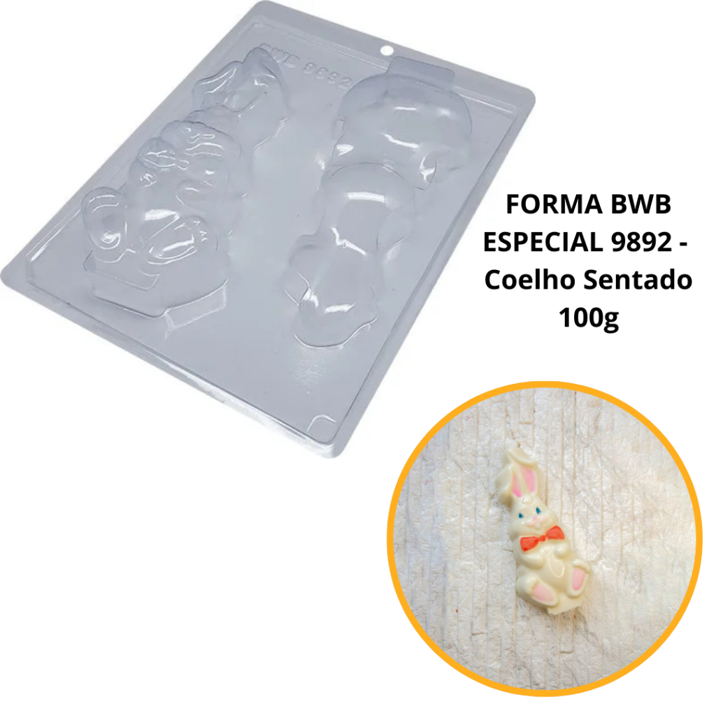 1~4 Forma BWB Com Silicone (3 partes) Para Chocolate Cód. 9892 - Coelho Sentado 100g. Páscoa